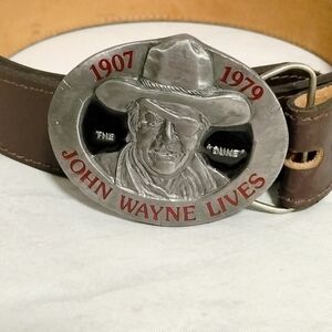 John Wayne Lives Brown Leather Belt with Silver Buckle Sz 42